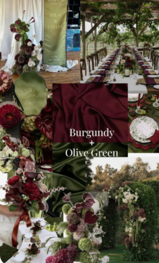 Burgundy and olive green moodboard with dahlias, anthuriums, satin and garden tablescapes