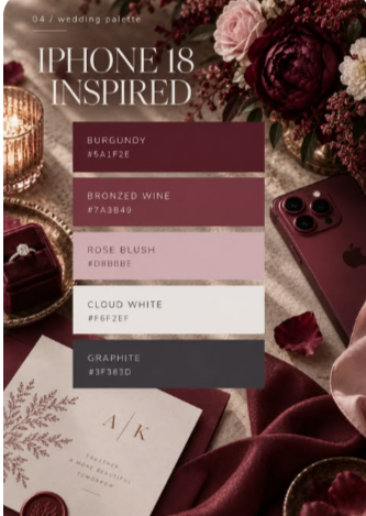 Berry wedding palette of burgundy, bronzed wine, rose blush, cloud white and graphite