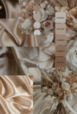 Neutral palette moodboard of champagne satin, ivory and blush roses, and dried floral bouquet
